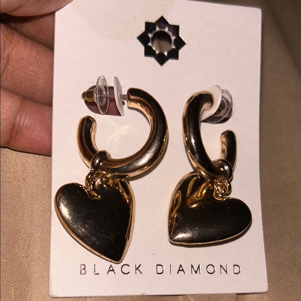Black Diamond Gold And Black Heart Earrings